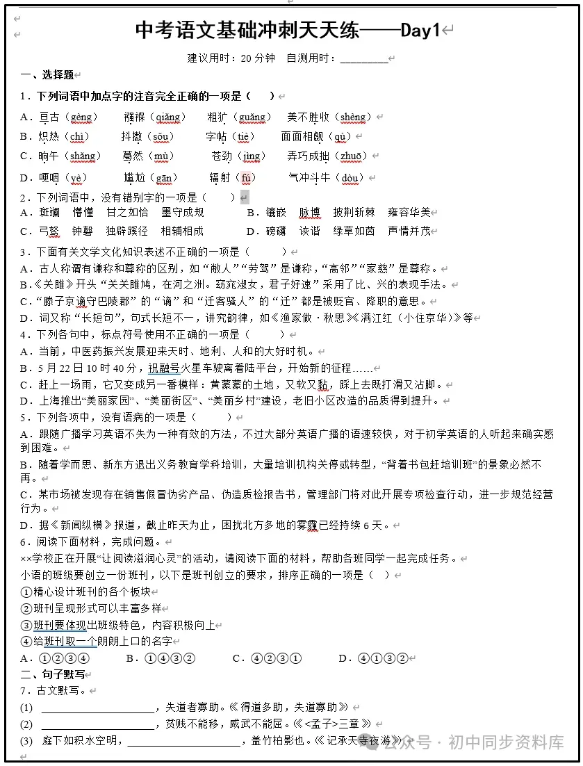 【精品资料】中考语文基础冲刺天天练(100天) 第7张