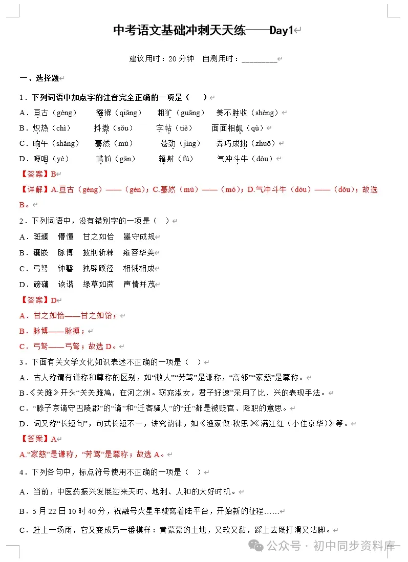 【精品资料】中考语文基础冲刺天天练(100天) 第9张