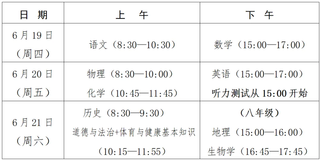 最新!中考考试科目、时间公布! 第1张