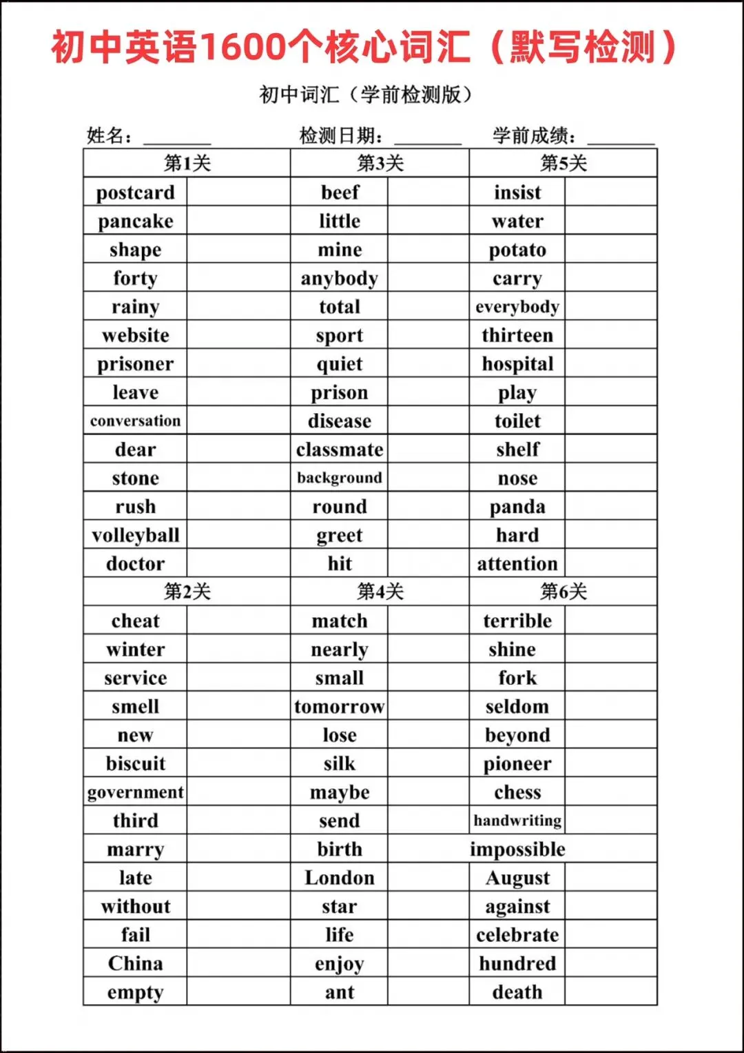 2026春人教版中考英语1600个核心词汇(默写版+背诵版)完整电子版可下载打印! 第2张