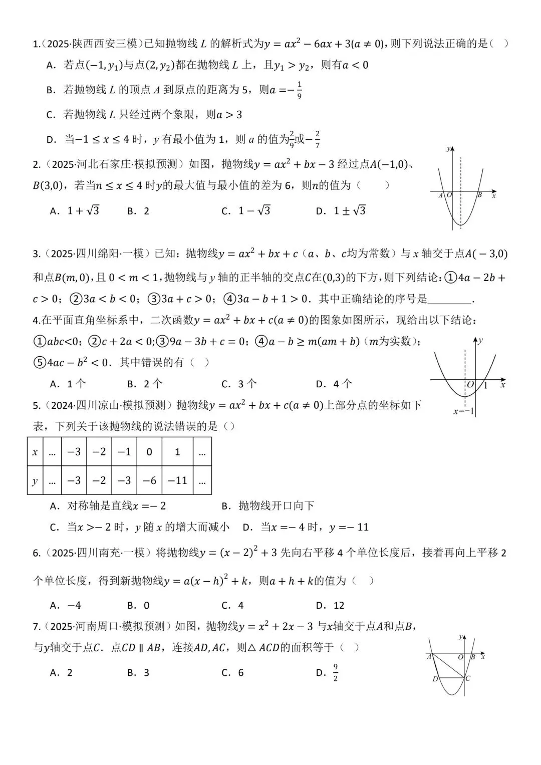 【冲刺中考~寒假专练】二次函数图象与性质 第1张