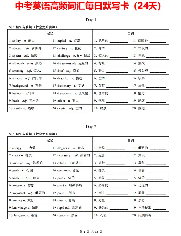 寒假提前背|上海中考英语高频词汇24天背默小纸条(可打印折叠自测版) 第4张