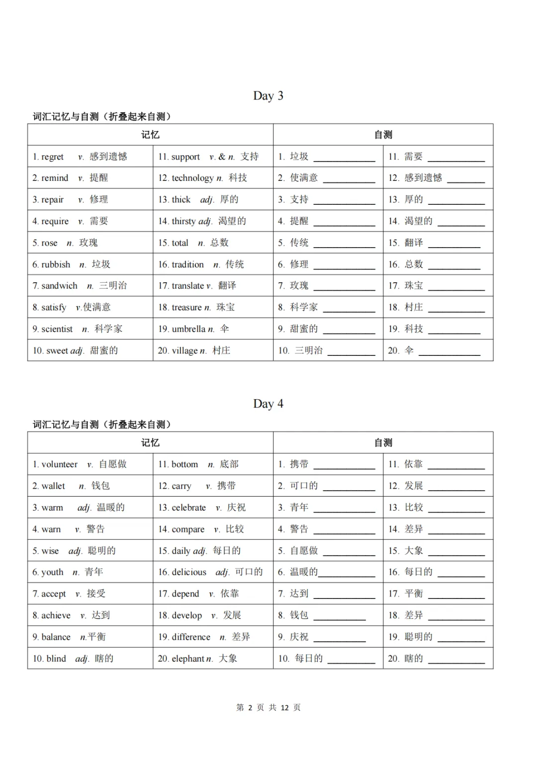 寒假提前背|上海中考英语高频词汇24天背默小纸条(可打印折叠自测版) 第5张