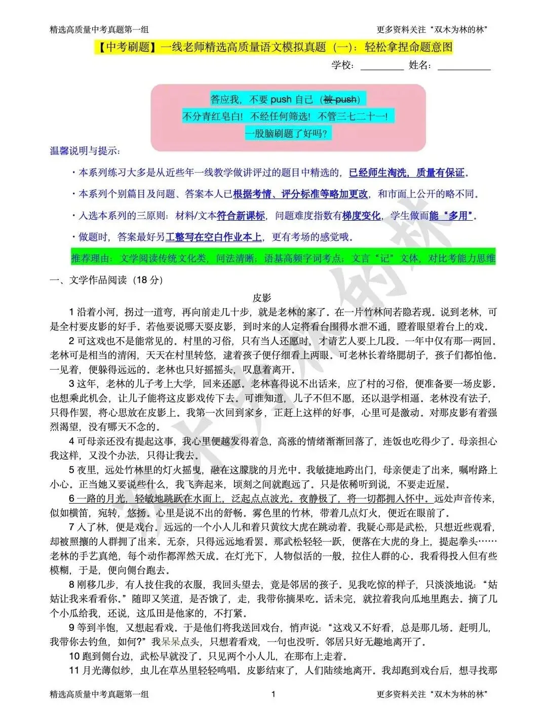 【中考刷题】一线老师精选高质量语文模拟真题(一) 第1张