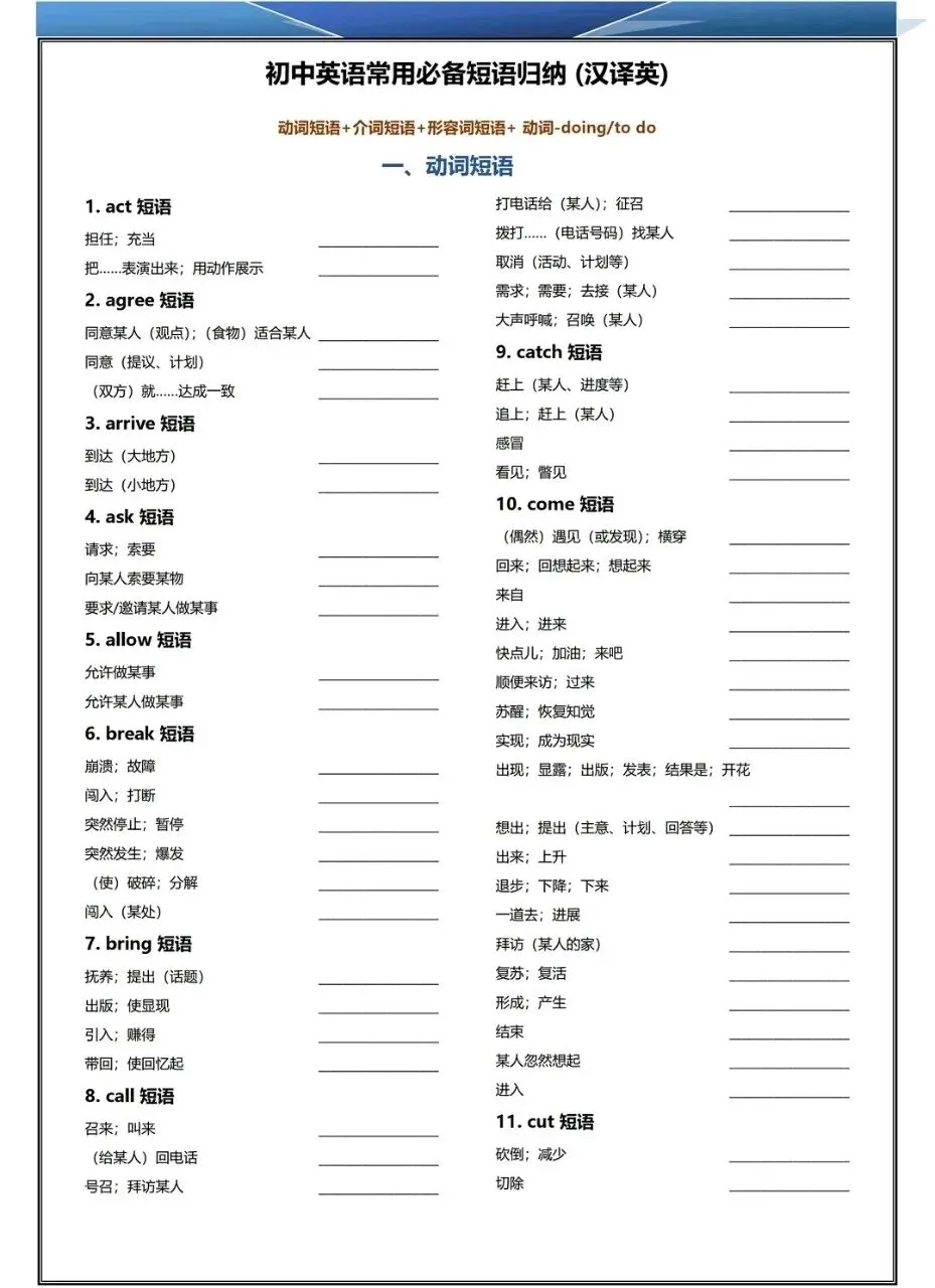 中考英语 核心短语 分类整理/中考一轮复习 第6张