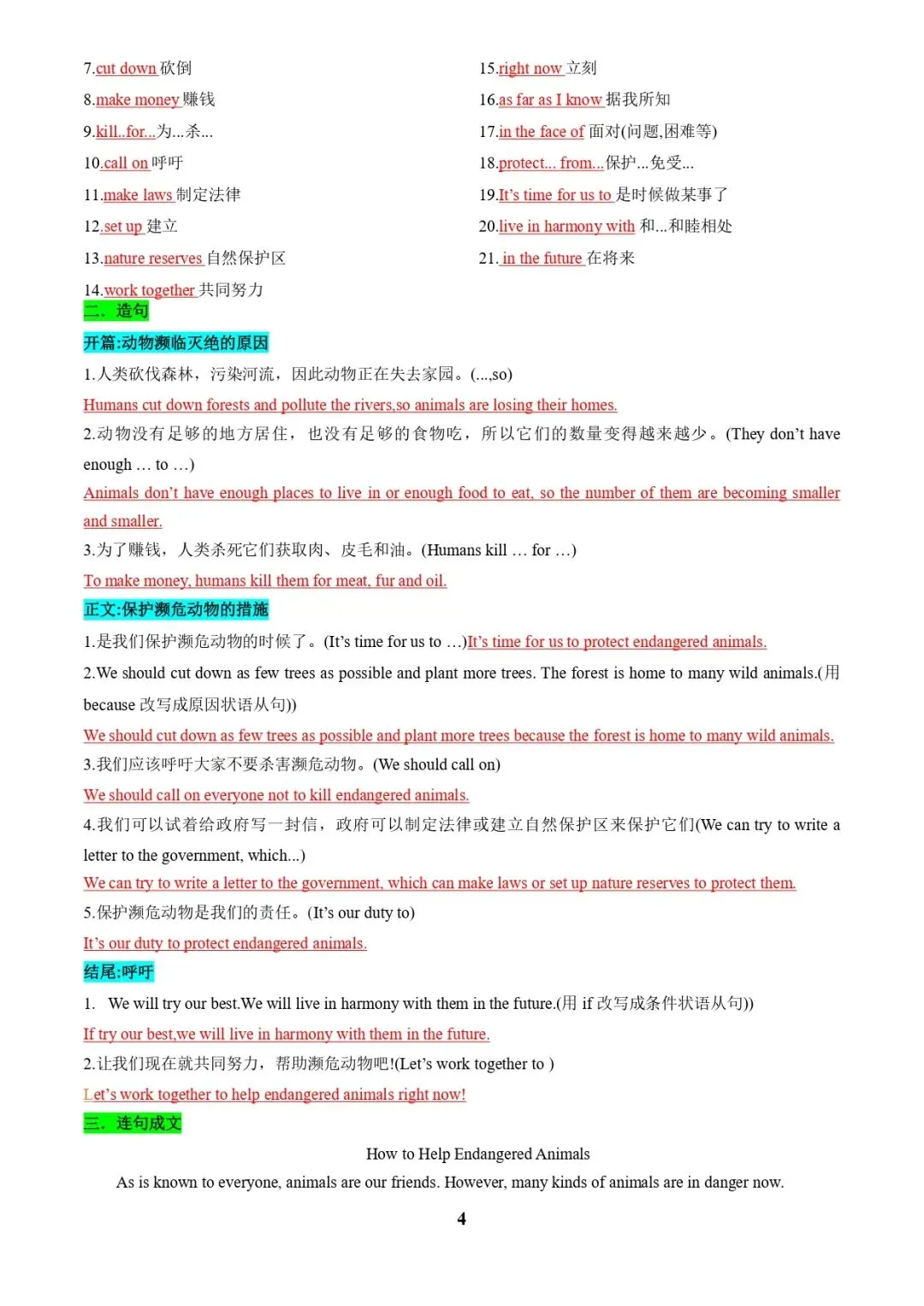 中考英语复习 | 专题05+书面表达之议论文(保护环境、+保护濒危动物、语言学习)(答题模板)(解析版) 第4张