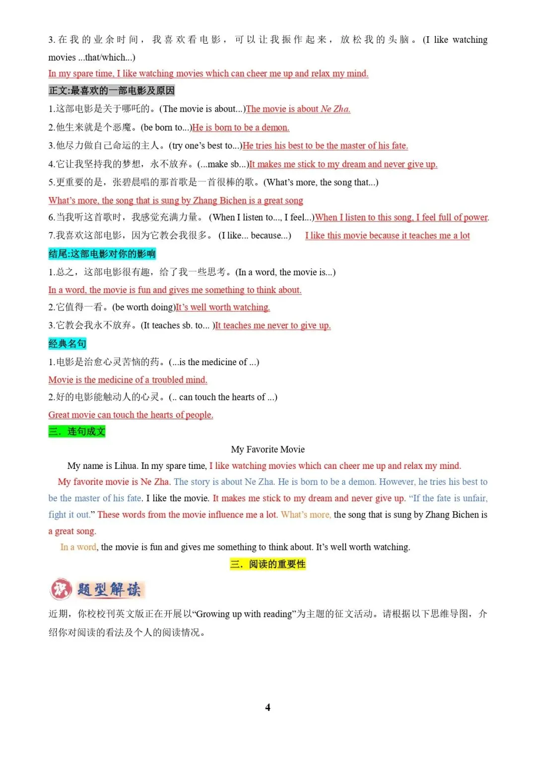 中考英语复习 | 专题04 书面表达之记叙文(体育运动、最喜欢的电影、阅读、科技改变生活)(答题模板)(解析版) 第4张