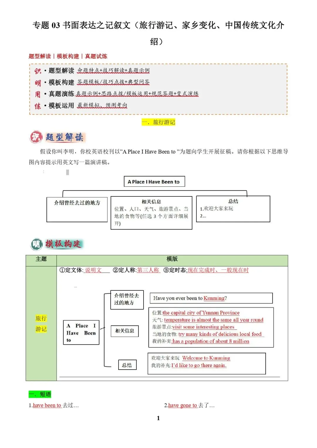 中考英语复习 | 专题03 书面表达之记叙文(旅行游记、家乡变化、中国传统文化介绍)(答题模板)(解析版) 第1张