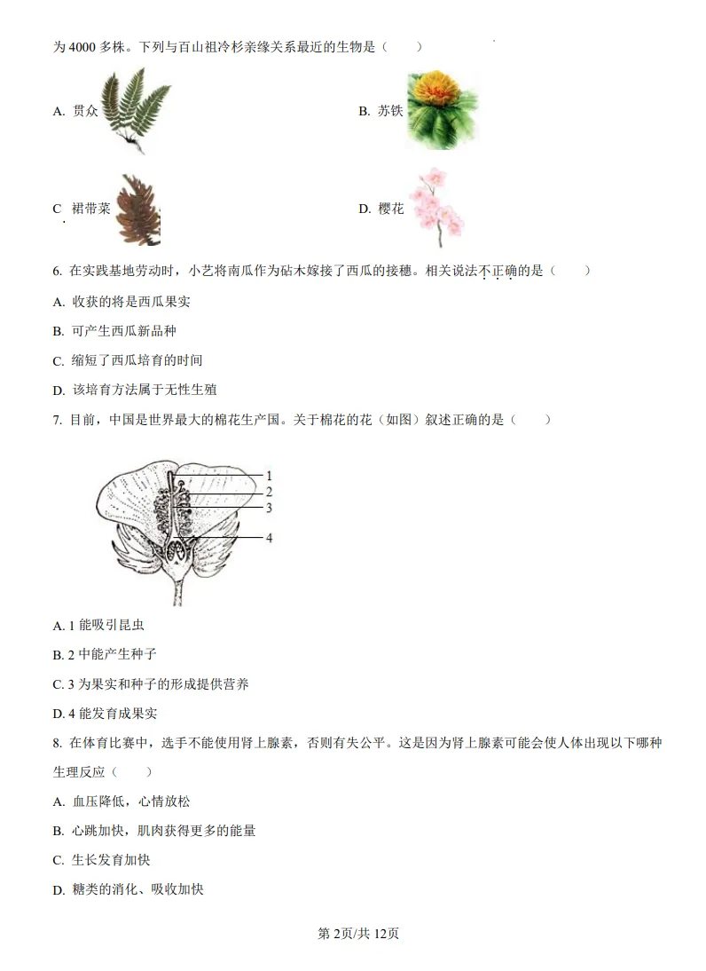 山东鲁教版中考生物真题 | 2025年山东省烟台市中考生物真题| 高清版,带答案 第2张