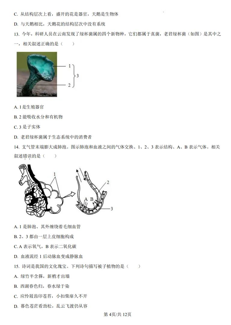 山东鲁教版中考生物真题 | 2025年山东省烟台市中考生物真题| 高清版,带答案 第4张