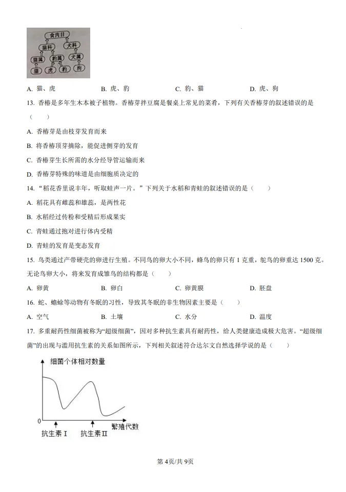 山东五四制中考水平测试生物真题 | 2025年枣庄市初中学业水平考试生物试题| 高清版,带答案 第4张