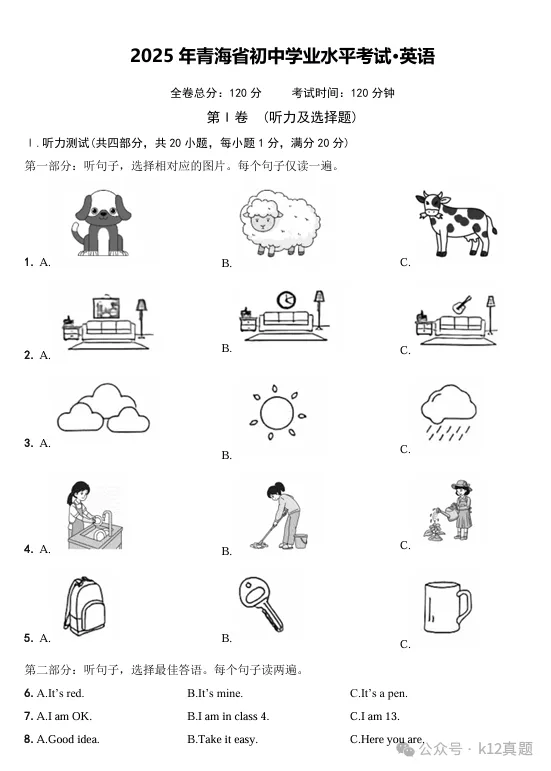 【中考真题】2025年青海省中考英语试题+答案 第1张