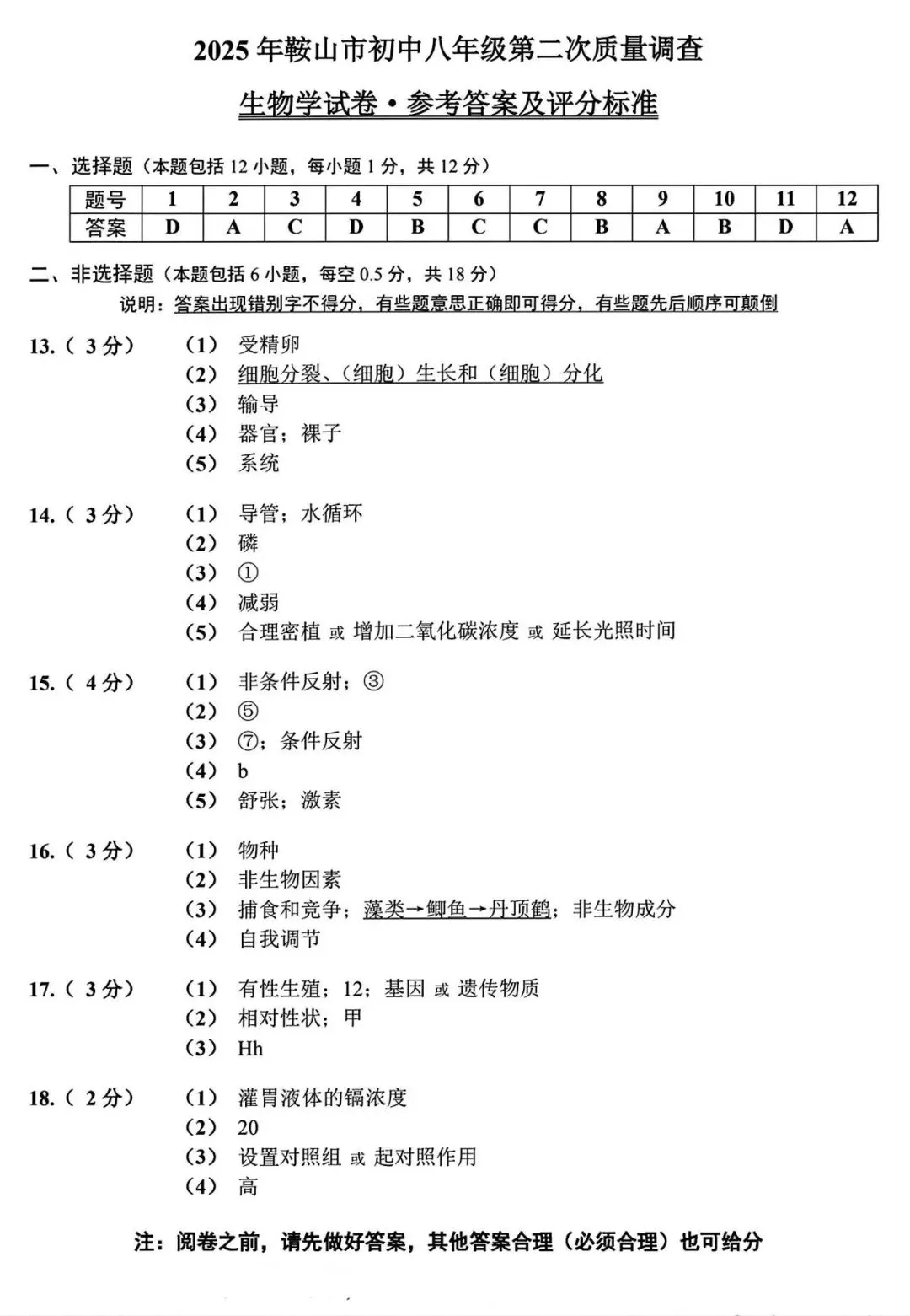 【试卷/小中考】2024-2025辽宁鞍山中考二模生物(含答案)可下载 第9张