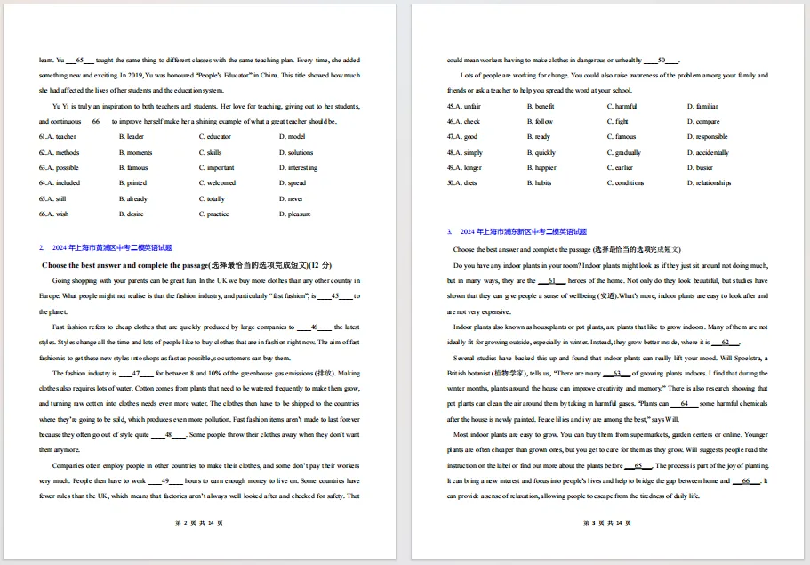 上海中考完形填空专题训练+答案分享! 第3张 上海中考完形填空专题训练+答案分享! 第3张