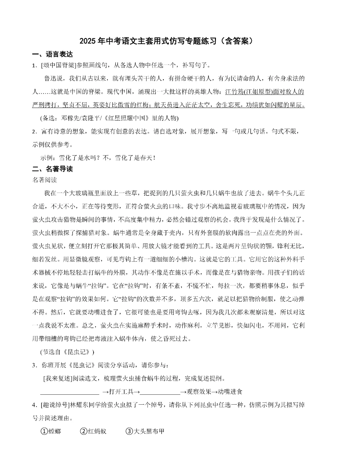 0211 2026春人教版初中语文《中考语文主套用式仿写专题练习》,电子版可打印 第2张