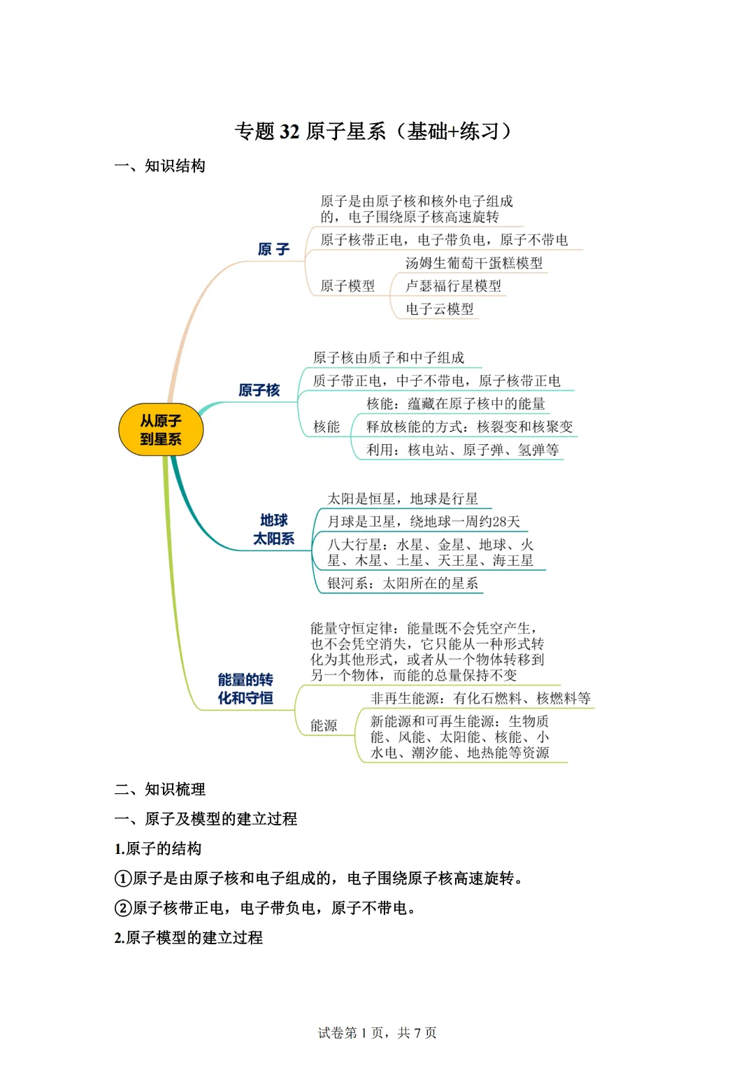 上海市2024年中考复习资料汇编 专题32 原子星系(基础知识+练习) 第3张