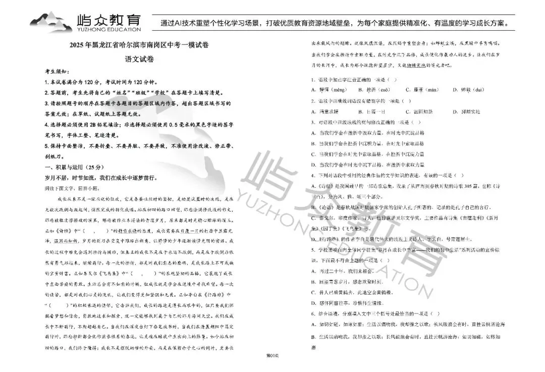 2025年南岗区中考语文一模试卷 第1张