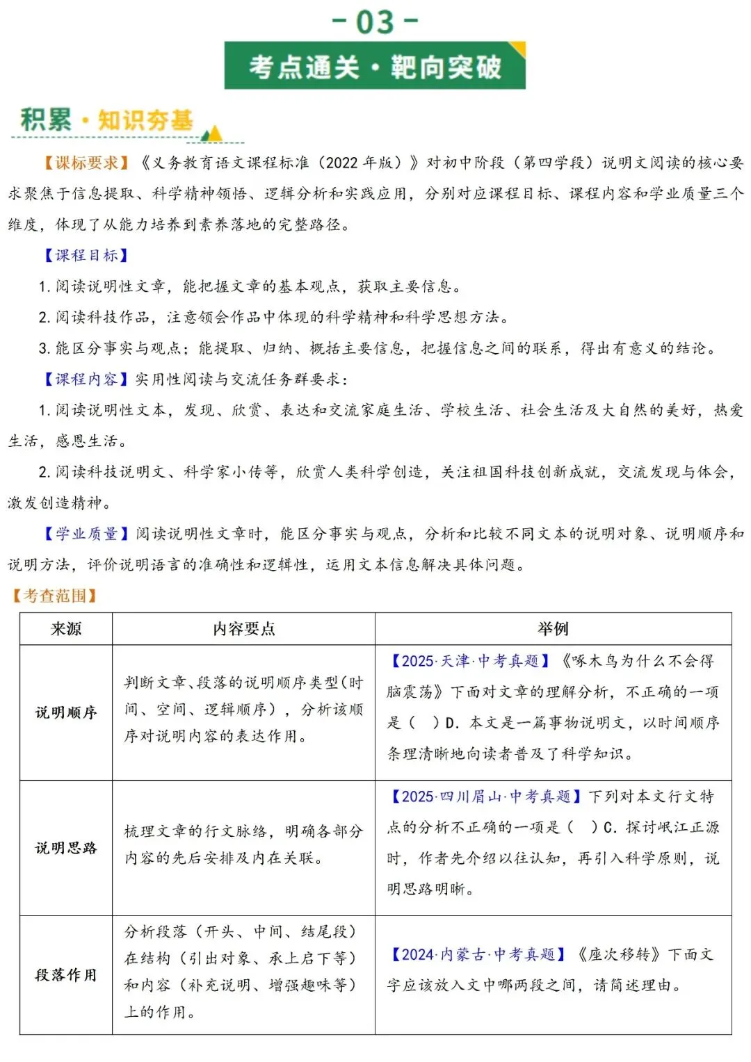 2026年最新中考语文一轮复习—说明文阅读 第02讲 说明顺序、思路与段落(课件+讲义+测练) 第6张