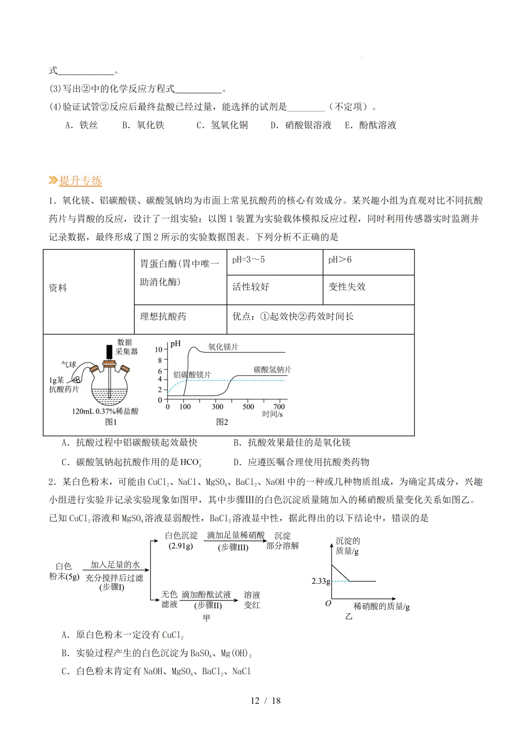 中考化学 | 寒假复习讲义 专题08 酸、碱、盐(上海专用)——原卷&解析 第14张 中考化学 | 寒假复习讲义 专题08 酸、碱、盐(上海专用)——原卷&解析 第14张