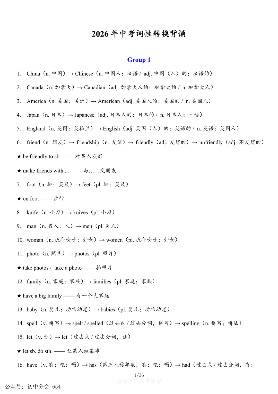 2026年中考英语必备词性转换背诵清单(可打印) 第1张