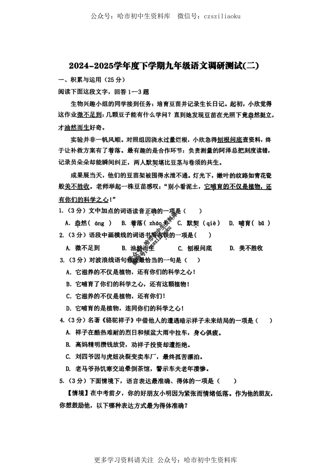 九年级语文·2025年中考道里区二模试卷+答案 第1张