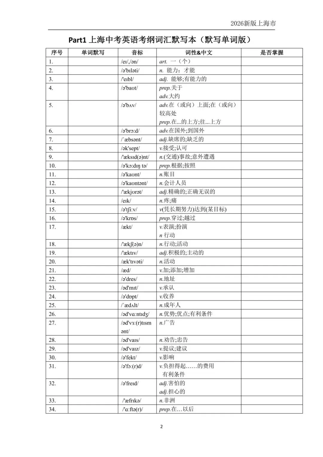 2026新版上海中考英语考纲词汇默写本 | 双向默写(附PDF 可打印) 第7张
