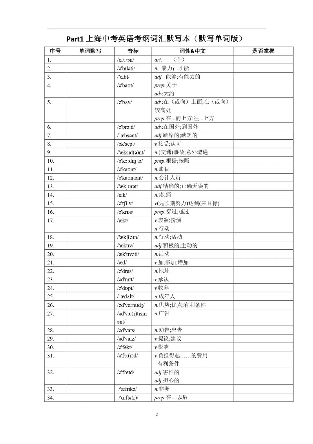 2026上海市中考英语考纲词汇默写本 第2张