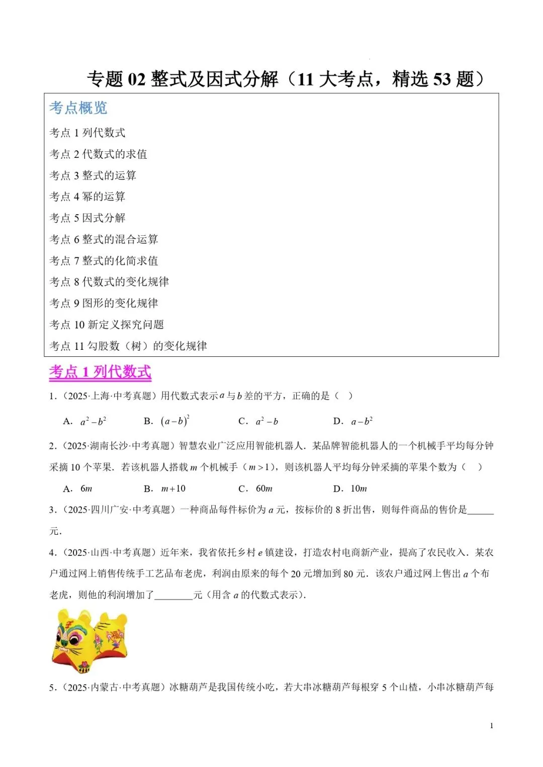 中考数学专题02整式及因式分解 第1张