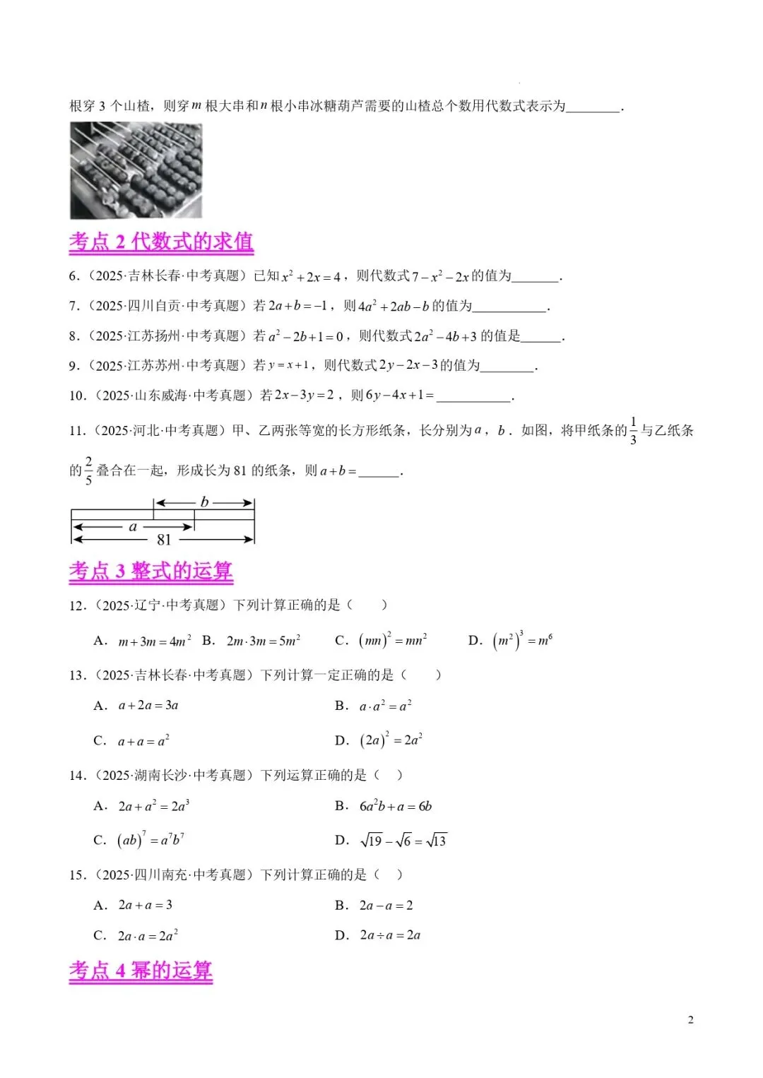 中考数学专题02整式及因式分解 第2张