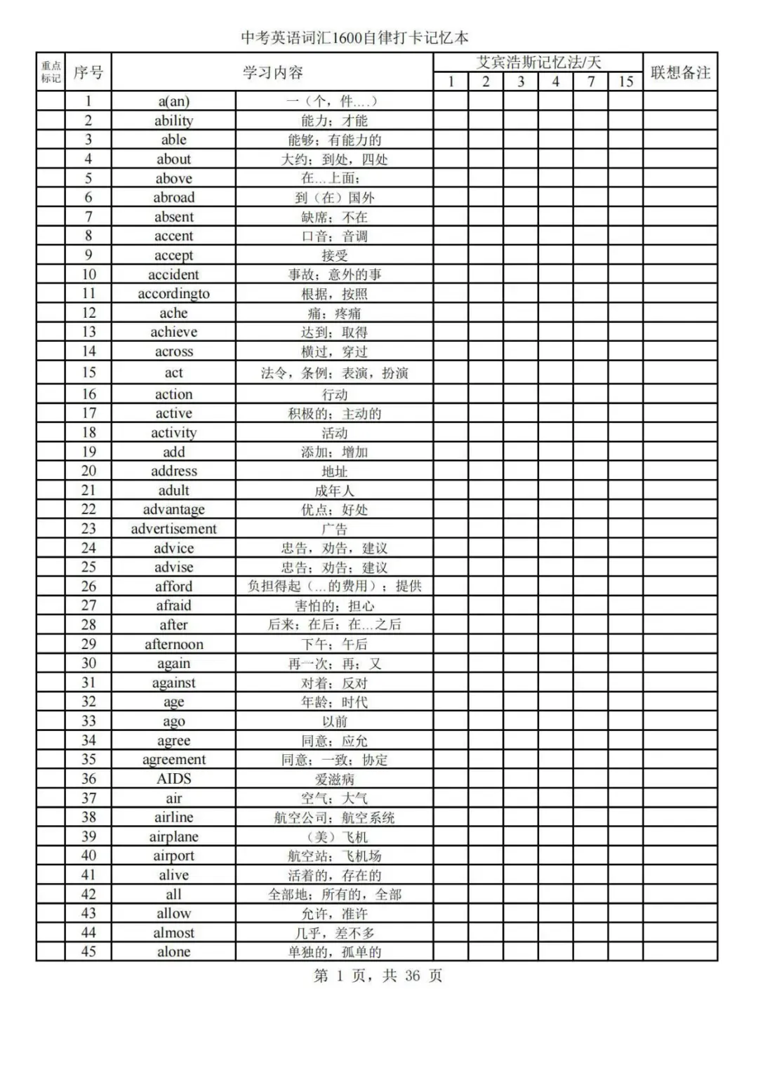 用艾宾浩斯记忆法打卡《中考英语词汇1600词》,可免费下载打印 第2张 用艾宾浩斯记忆法打卡《中考英语词汇1600词》,可免费下载打印 第2张