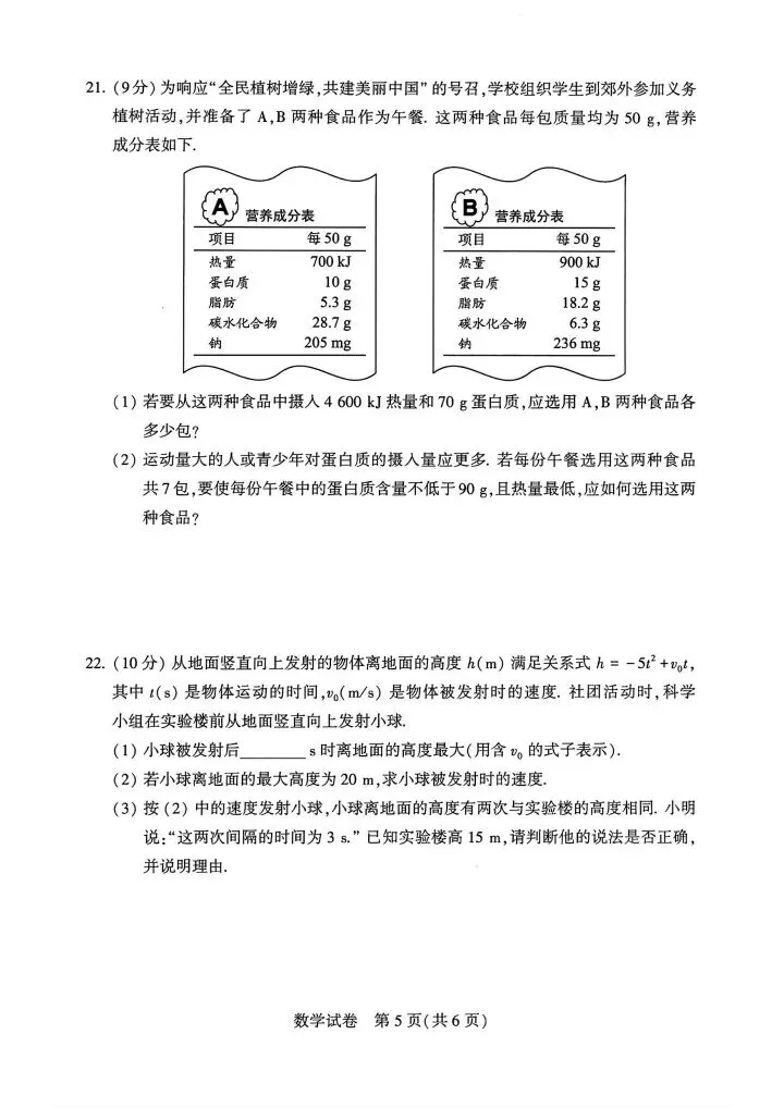 2024年河南中考数学试卷及评分标准 第5张