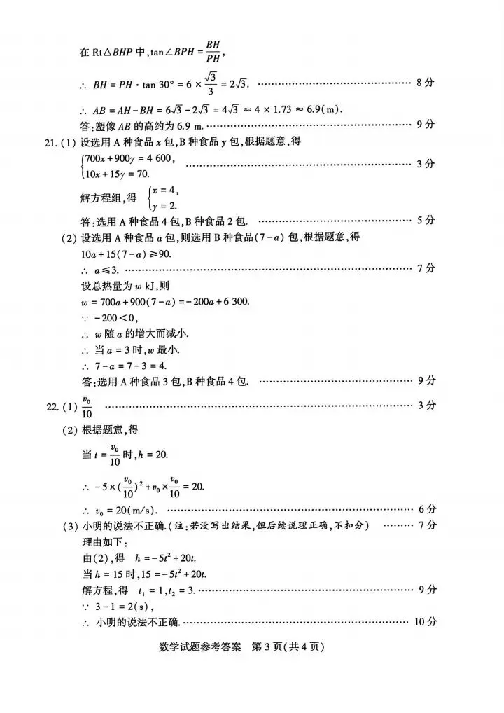 2024年河南中考数学试卷及评分标准 第9张