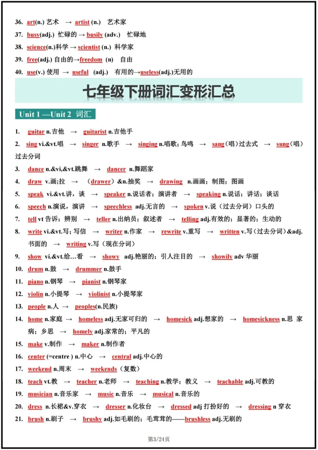 2026中考英语词汇变形梳理(背诵版+默写版),电子版可打印! 第4张