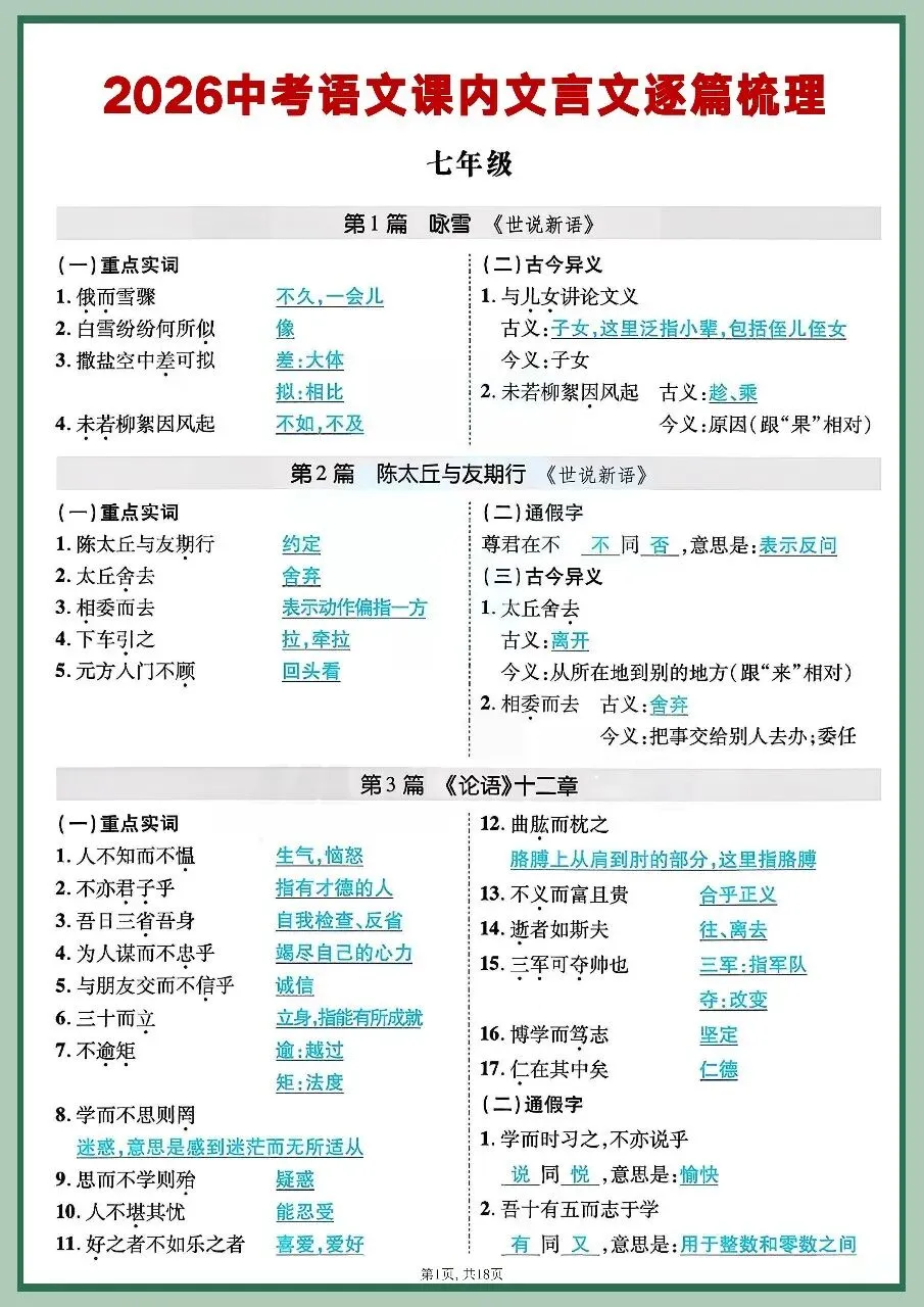 2026年中考语文课内文言文逐篇梳理 第1张