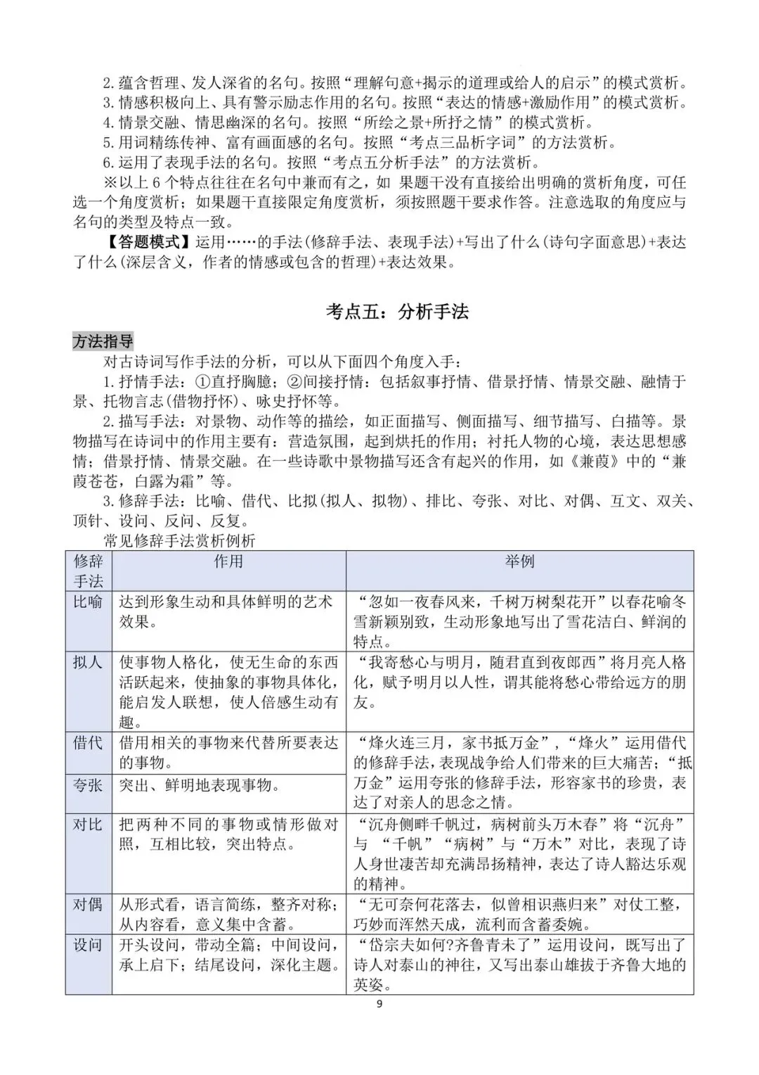 中考古诗词赏析考点精讲精练 第9张