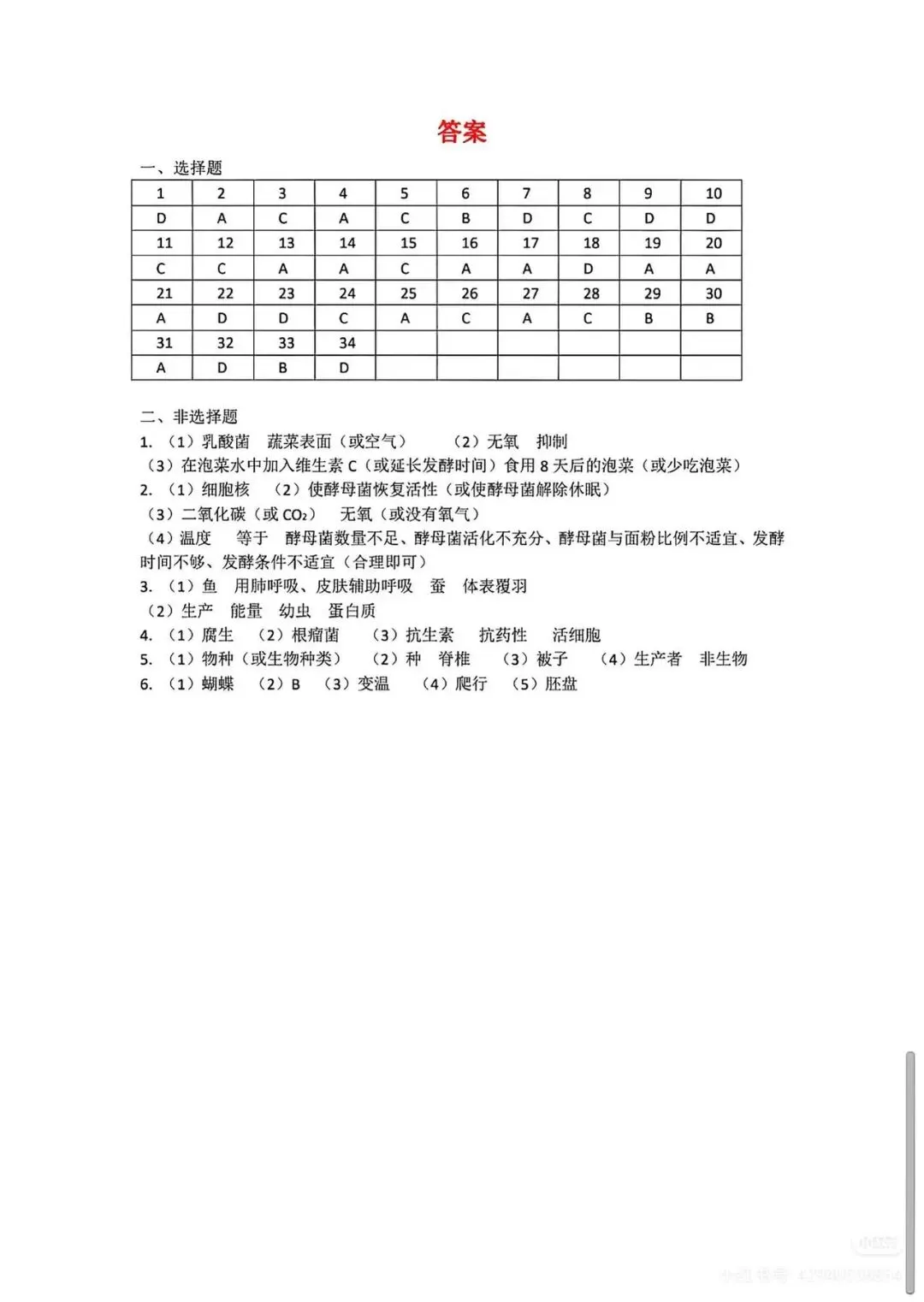 中考复习专题2-生物的多样性检测题附答案 第7张