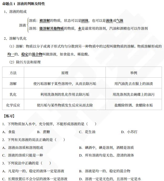 【中考专题】初三化学:溶液核心专题练习 第1张