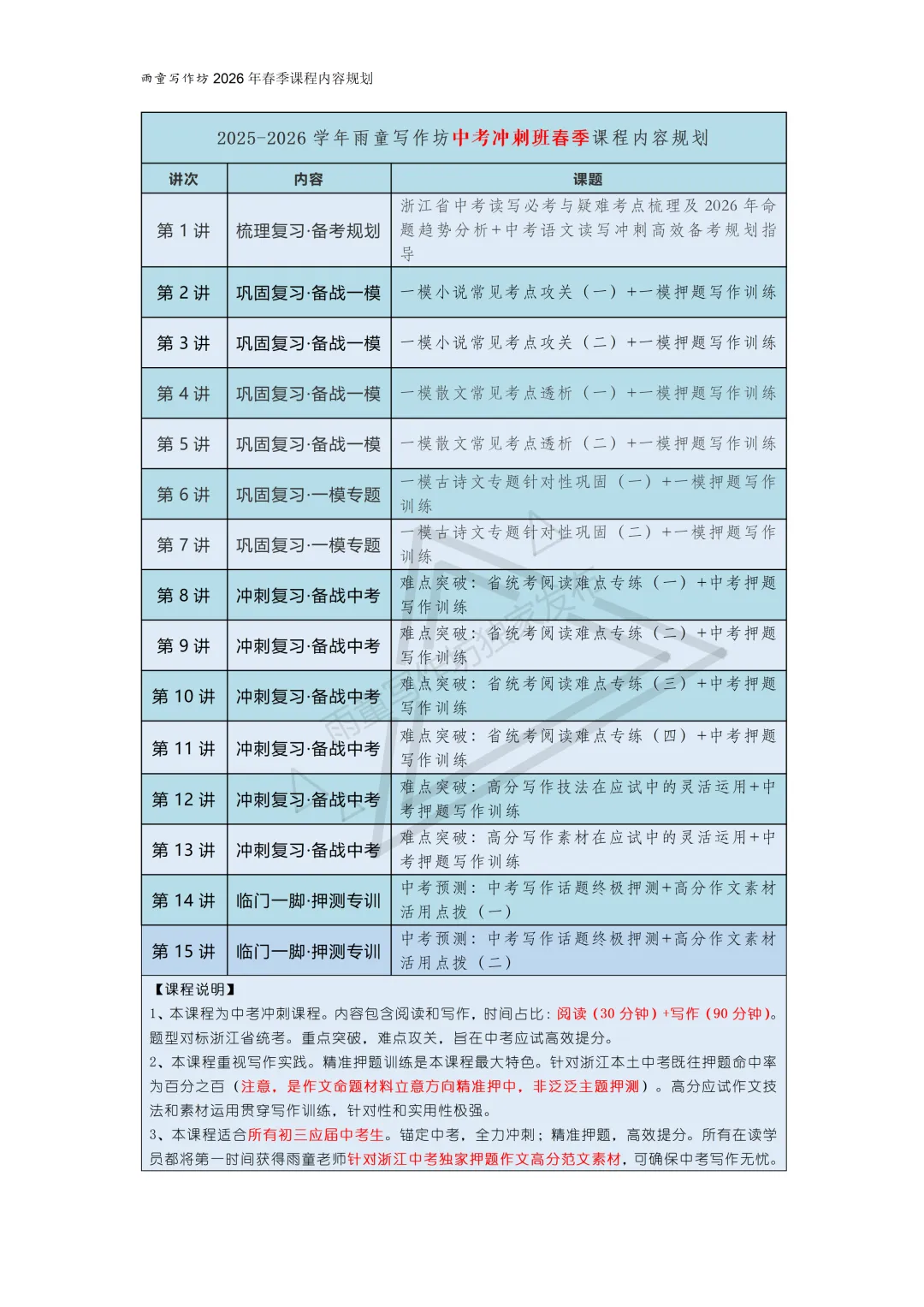 2026年雨童写作坊春季中考冲刺班及其它课程安排 第5张