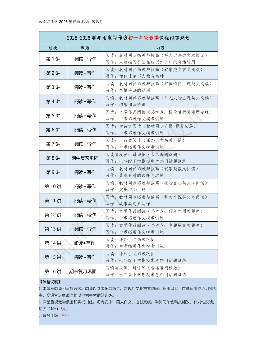 2026年雨童写作坊春季中考冲刺班及其它课程安排 第10张