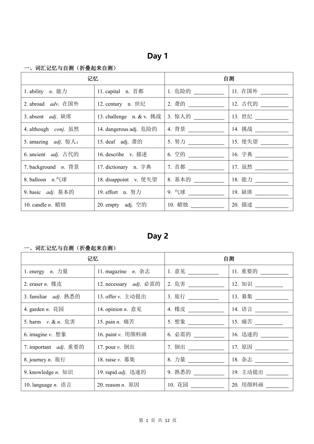 中考高频词汇24天必默写手册 第1张