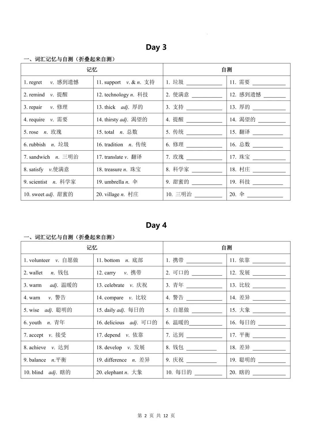 中考高频词汇24天必默写手册 第2张