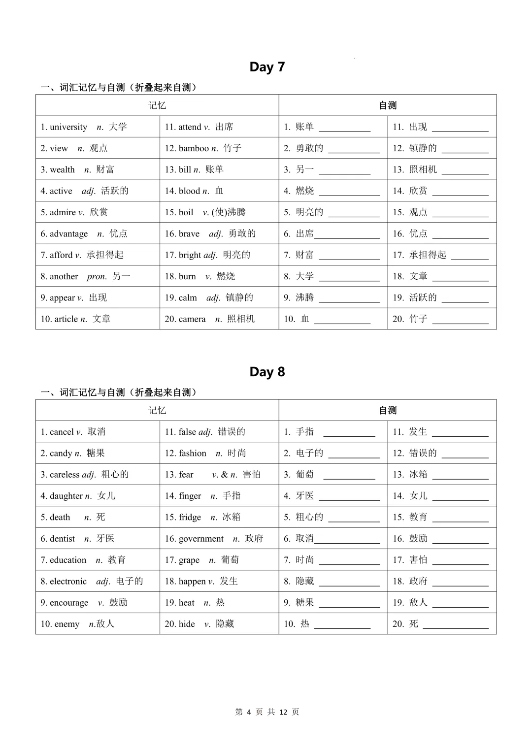 中考高频词汇24天必默写手册 第4张