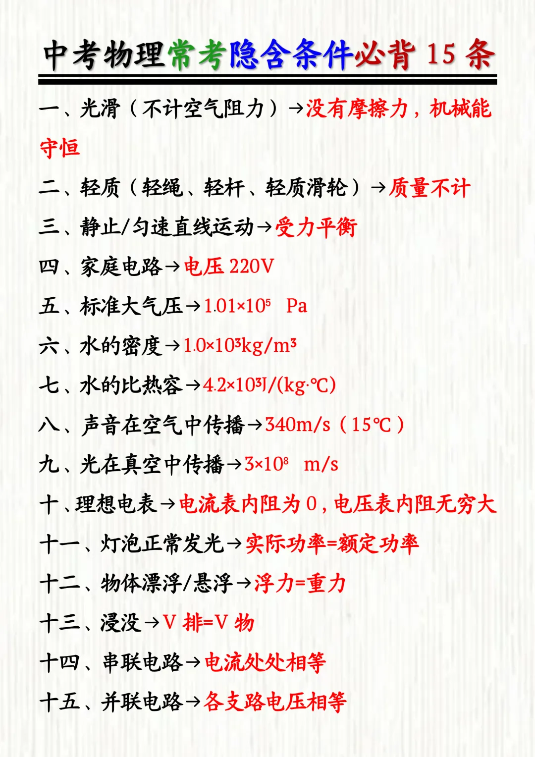 2026中考物理 | 常考隐含条件必背15条!老师压箱底总结!背完做题快一倍! 第3张