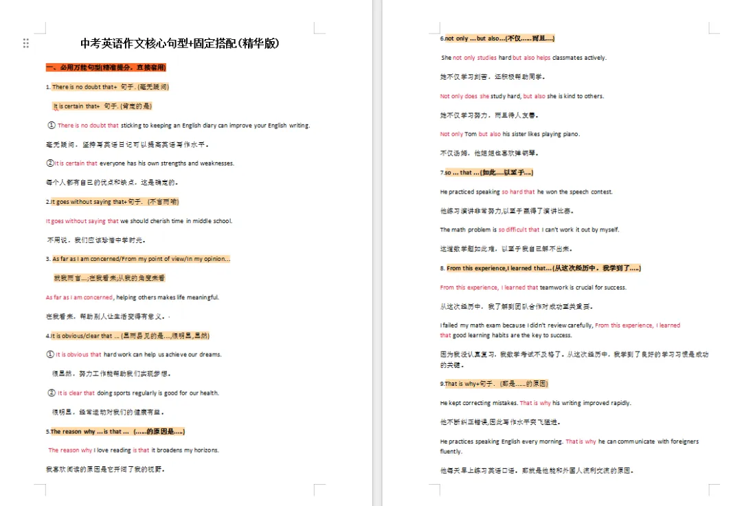 中考英语作文核心句型+固定搭配(精华版)9页 第1张