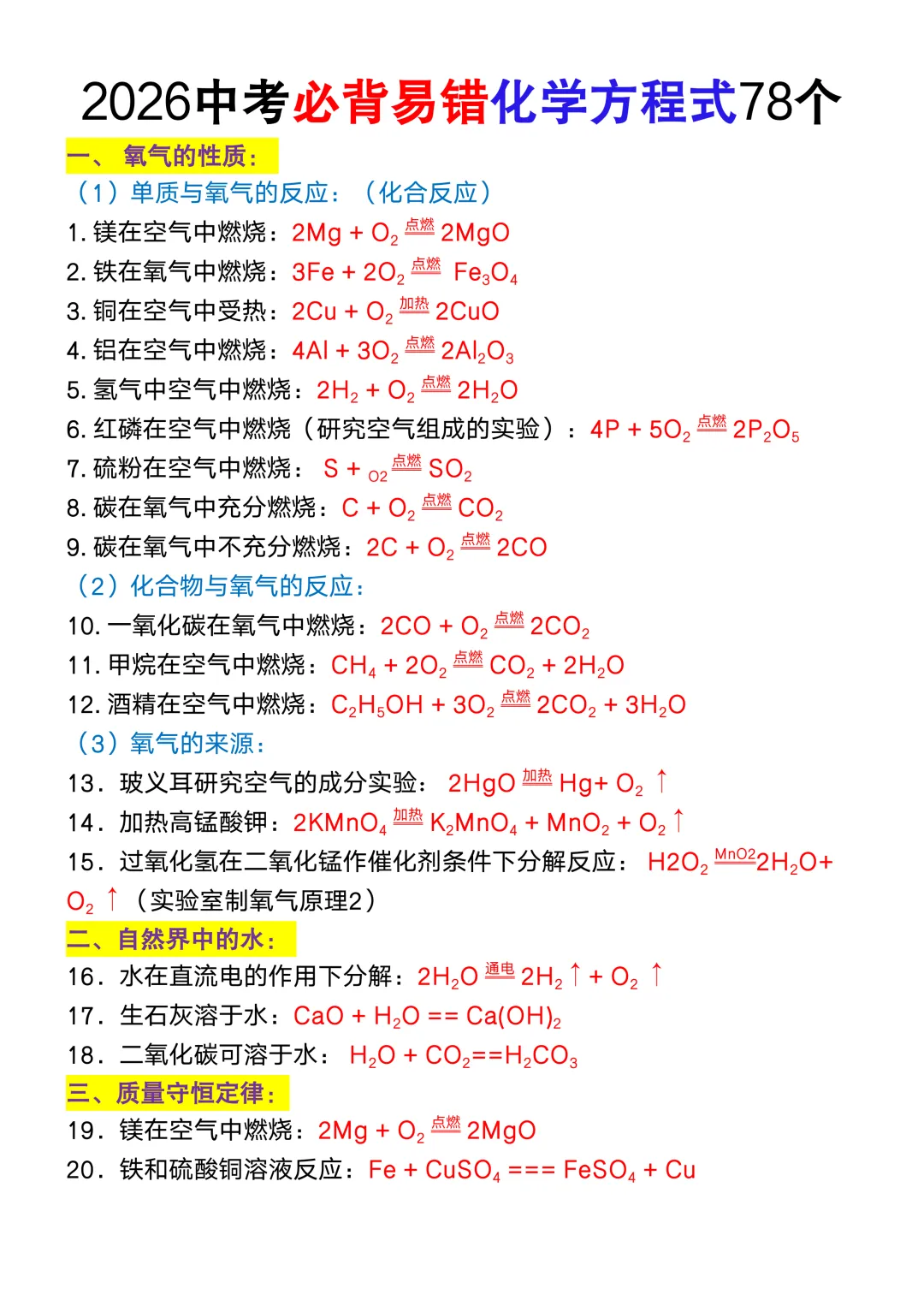2026中考必背易错化学方程式78个,务必掌握,可打印! 第4张 2026中考必背易错化学方程式78个,务必掌握,可打印! 第4张