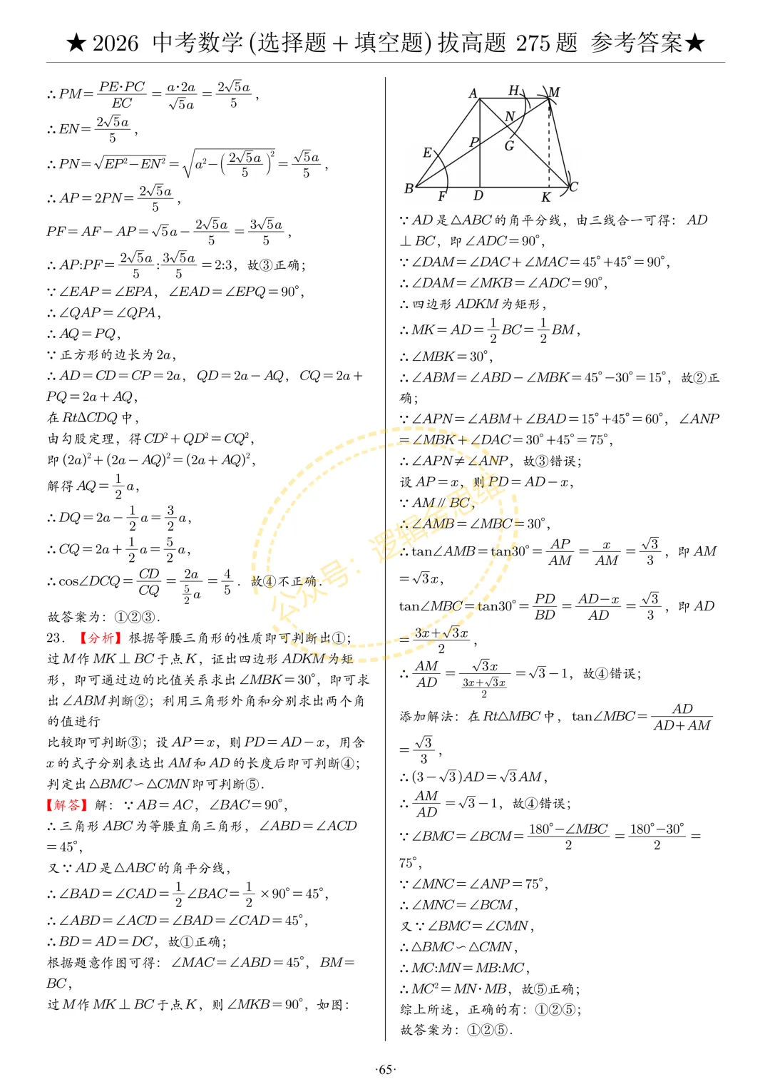 中考数学(选择题+填空题)8类拔高题答案 第65张