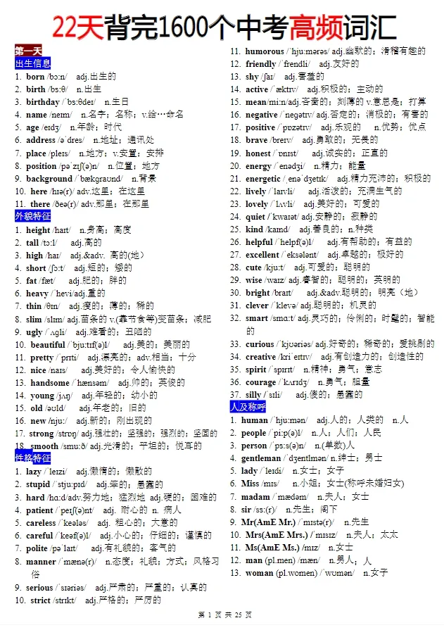 2026版中考英语《1600个中考词汇》分类记忆22天记忆 第1张