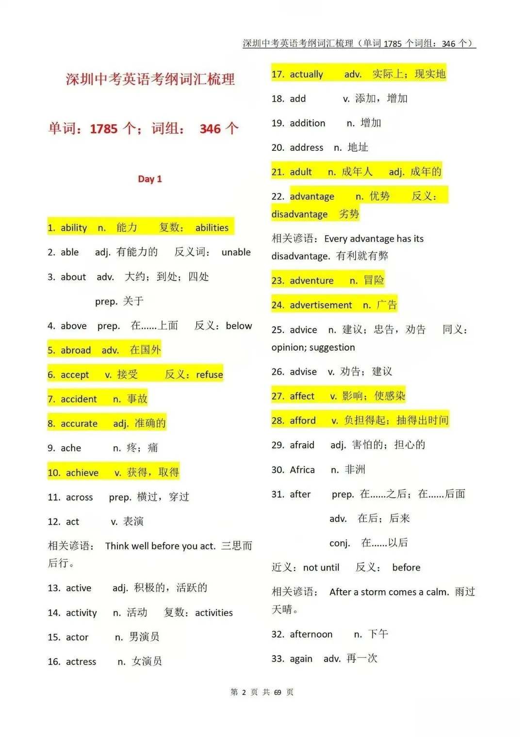 收藏69页!深圳中考英语考纲词汇梳理! 第8张