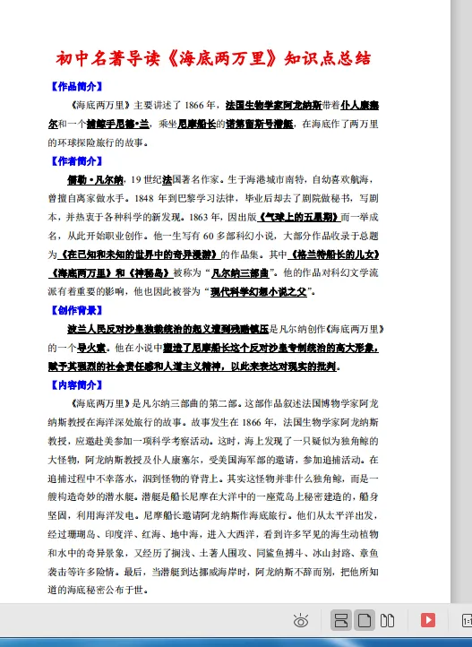 【中考语文】初中名著导读《海底两万里》知识点总结12页 第1张