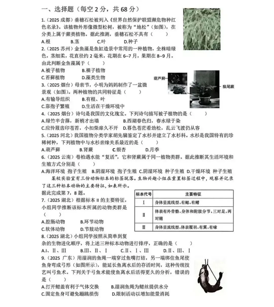 中考复习卷:学习主题二生物的多样性检测题(中考真题,后附答案) 第2张